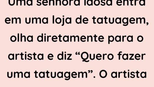 Uma senhora idosa entra em uma loja de tatuagem